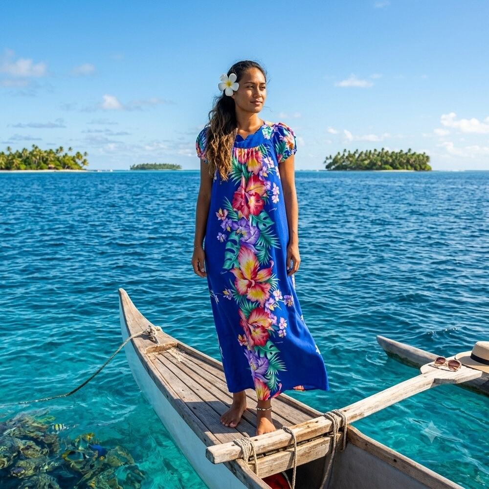 Royal Hawaiian Creations Muumuus Dress M Blue Floral Tropical Hibiscus Maxi